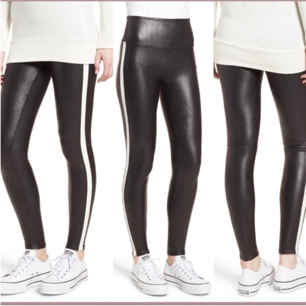 SPANX Black Faux Leather Leggings with White Stripe